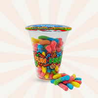 Six 6oz cups of neon gummy worm candy from Fun Fruit Bites, colorful fruit-flavored gummy worms in clear cups.