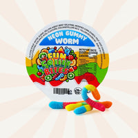 Six 6oz cups of Fun Fruit Bites neon gummy worms, colorful fruit-flavored candy bites in clear cups.
