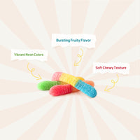 Six cups of Fun Fruit Bites Neon Gummy Worms with colorful fruit-shaped gummies in clear cups, 6 oz each.