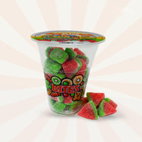 Cup of Fun Fruit Bites watermelon slice candy, showcasing colorful fruit-shaped gummies in a 6oz package.
