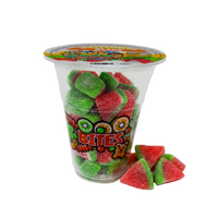 Cup of Fun Fruit Bites watermelon slice candy, colorful fruit-shaped bites in a 6oz package.