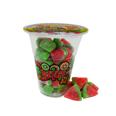 Cup of Fun Fruit Bites watermelon slice candy, colorful fruit-shaped bites in a 6oz package.