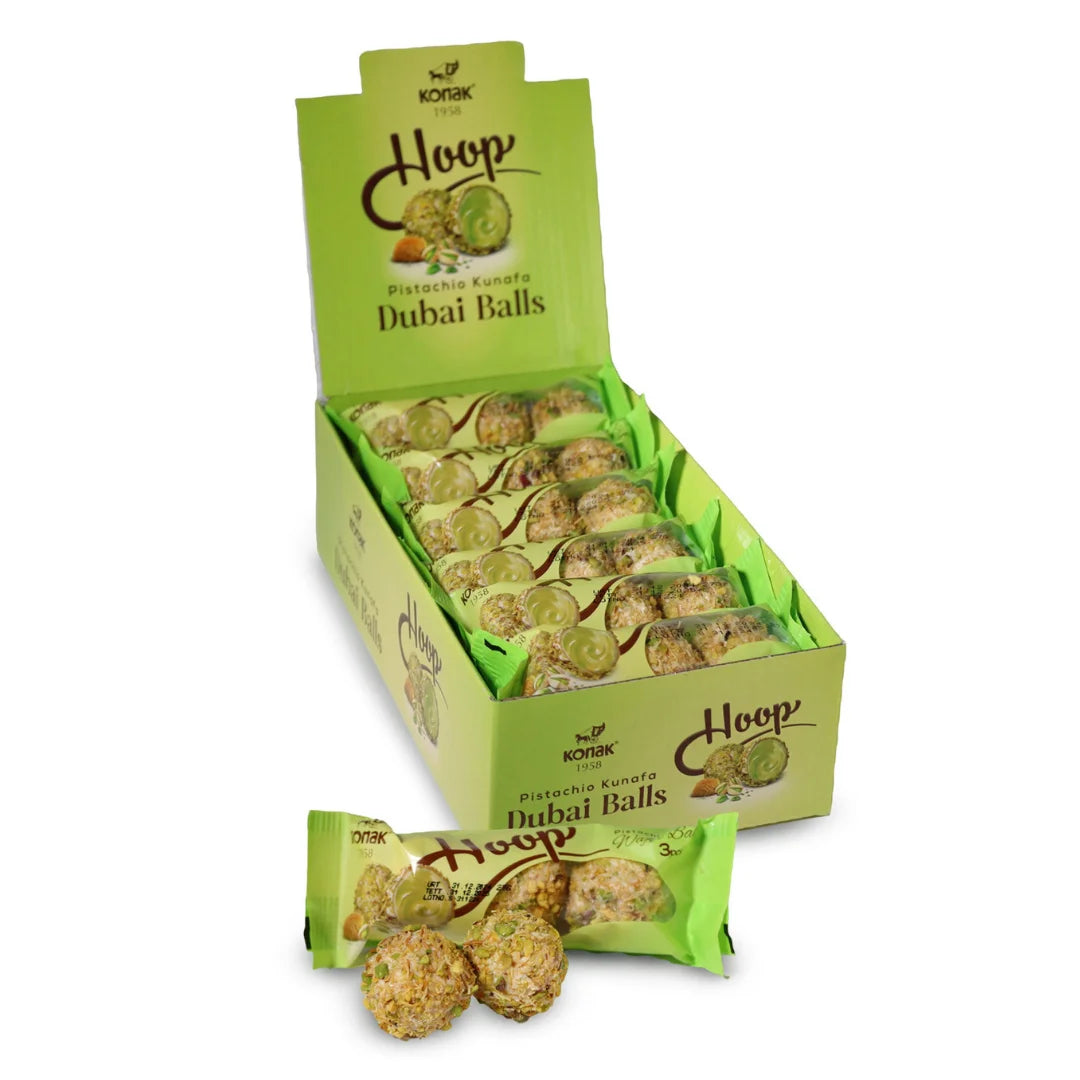 Konak Hoop Pistachio Kunafa Dubai Balls, 12 Packs (11.43 Oz Total), Gourmet Pistachio & Crispy Kunafa Filling, Authentic Middle Eastern Chocolate Snacks for Gifting and Gatherings - SANI-LLC