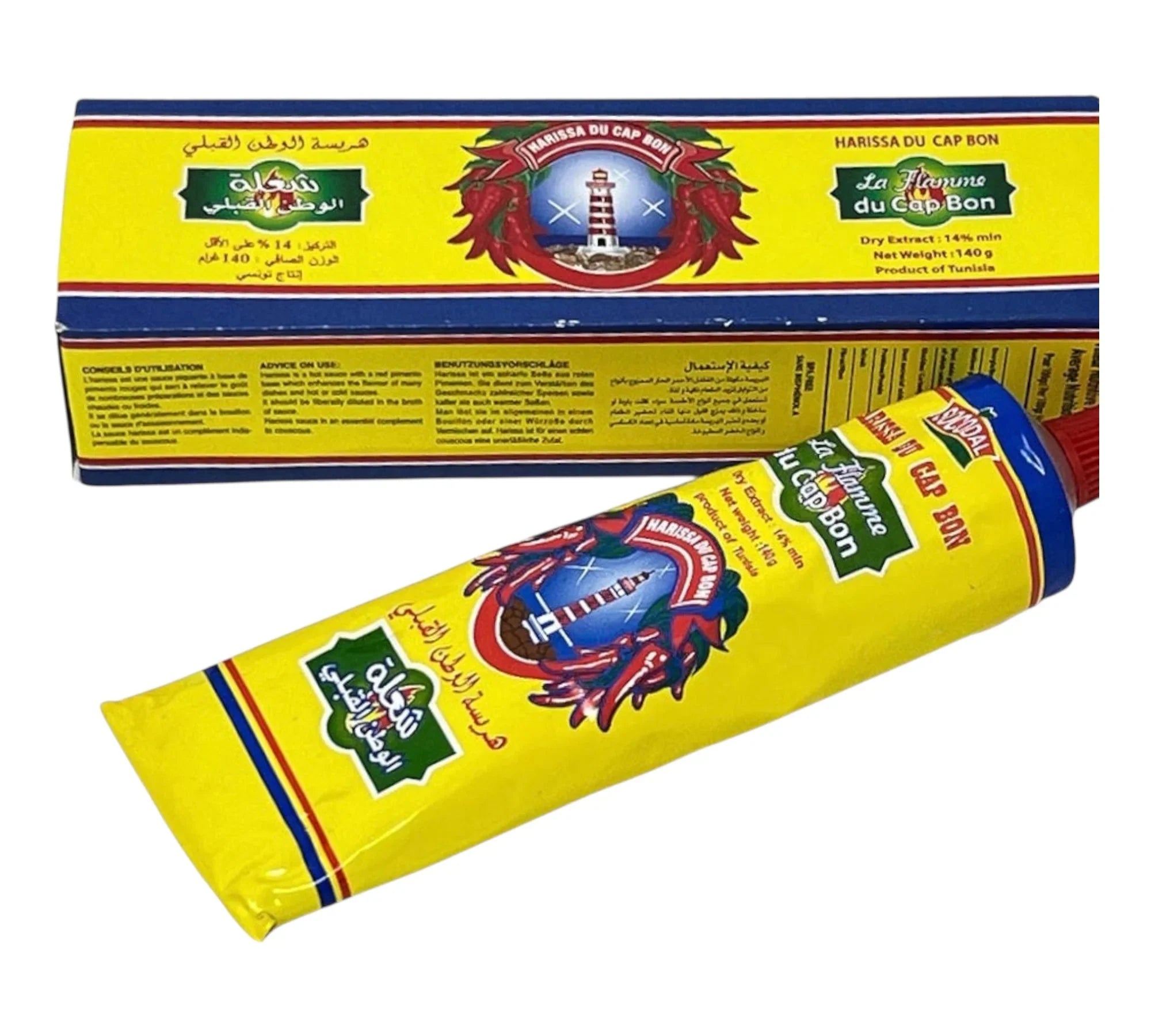 Tunisian Harissa Du Cap Bon chili paste in 140g tube with red peppers, garlic, and caraway, authentic spicy flavor.