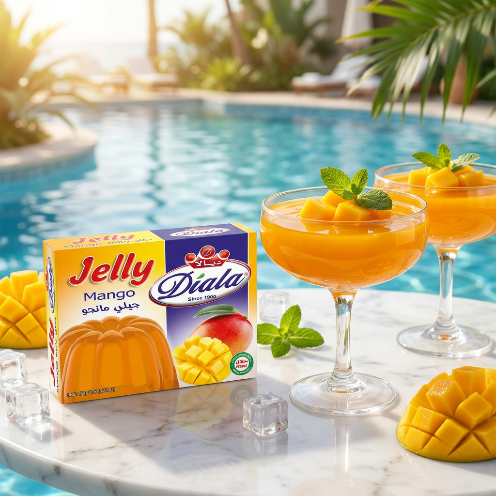 Diala Mango Jelly 80g Halal dessert mix in a bowl with mango jelly, poolside scene background, ready for quick treats