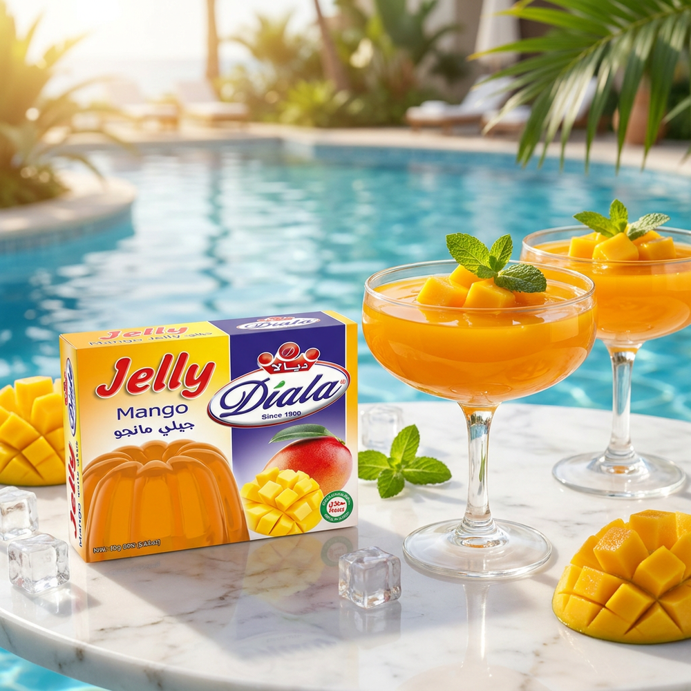 Diala Mango Jelly 80g Halal dessert mix in a bowl with mango jelly, poolside scene background, ready for quick treats