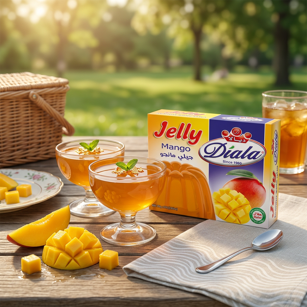 Diala Mango Jelly 80g Halal dessert mix in a bowl, ready to serve, with fresh mango slices on a summer picnic table.
