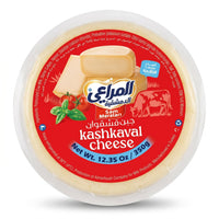 Almarai Aldemashkieh Kashkaval cheese block, 12.35oz, for melting and slicing, shown in a close-up image with a smooth texture.