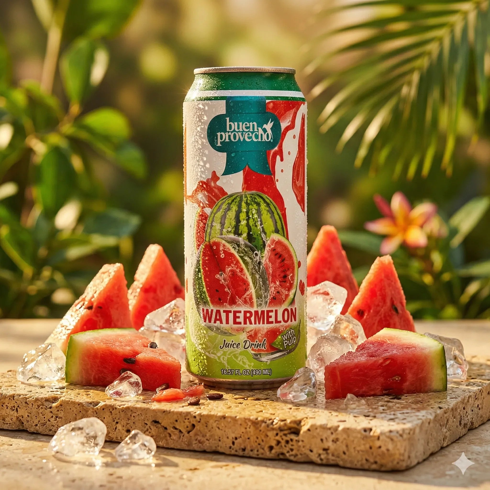 Buen Provecho Watermelon Juice 16.57oz bottle with pulp, showcasing refreshing fruit beverage in a clear plastic container.