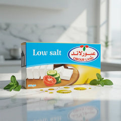 Obour Land low salt white cheese in 500g packaging, creamy Egyptian-style feta cheese for salads, sandwiches, and breakfasts