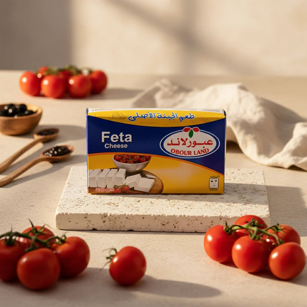 Obour Land feta cheese in 250g package, creamy white cheese ideal for salads and breakfast dishes, labeled ObourLand.