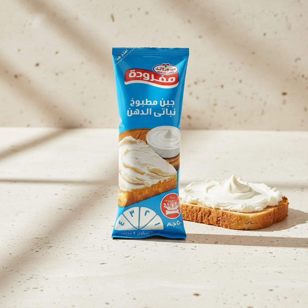Obour Land Mafrouda cheese spread in squeeze pouch for sandwiches, shown in its packaging with branding and product details.