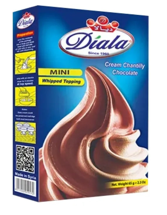 Diala Chocolate Whipped Topping 65g mini cream chantilly mix in a sealed package with a spoon and chocolate drizzle