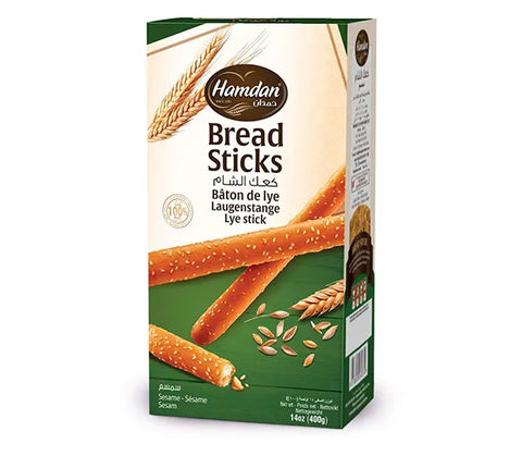 Hamdan Sesame Bread Sticks 14oz, crunchy Ka'ak Al Sham snack with sesame seeds, displayed in a clear package.