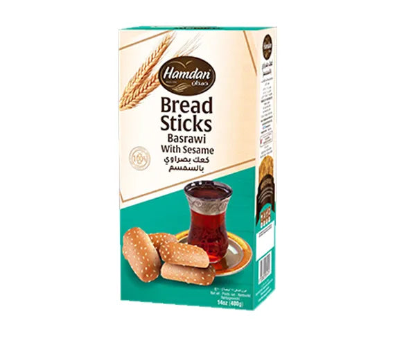 Hamdan Basrawi sesame breadsticks in 400g package, traditional crunchy tea snack with sesame seeds, perfect for snacking or tea time.
