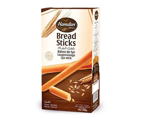 Hamdan Classic Bread Sticks 400g crispy lye sticks for dipping, shown in a clear image with golden-brown, crunchy texture