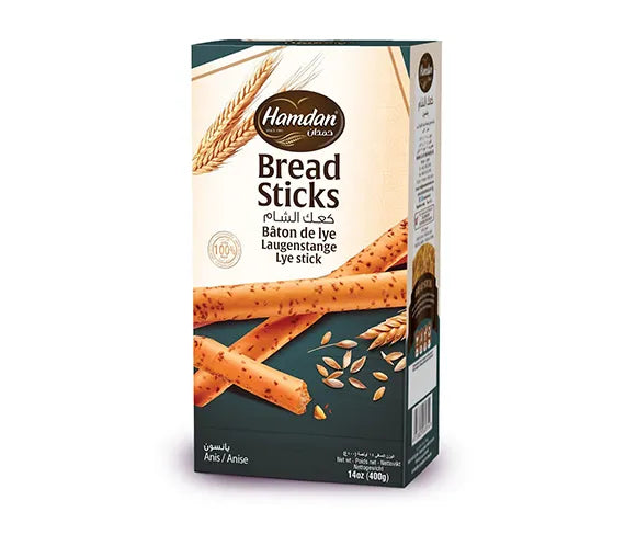 Hamdan Anise Bread Sticks in 14oz package, traditional Ka'ak Al-Sham snack with crispy, aromatic baked bread sticks.
