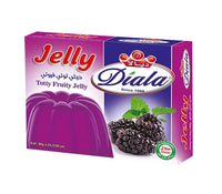 Diala Totty Fruity Jelly Halal gelatin dessert mix in 80g package, showing colorful fruit-flavored jelly cubes in a clear bowl.