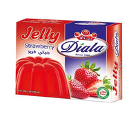 Diala Strawberry Jelly 80g halal dessert mix in a clear package, ready for quick strawberry-flavored snack preparation