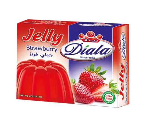 Diala Strawberry Jelly 80g halal dessert mix in a clear package, ready for quick strawberry-flavored snack preparation