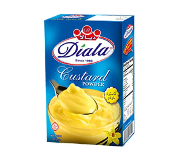 Diala Vanilla Custard Powder 250g, smooth instant dessert mix in a white package with vanilla flavoring and brand logo.