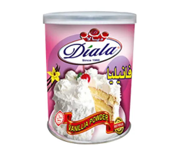 Diala Premium Vanilla Powder canister for professional baking, showing the labeled container with vanilla powder inside.