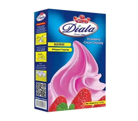 Diala Strawberry Cream Chantilly instant whipped topping in 2.3oz container, showcasing creamy texture and fresh strawberry flavor.