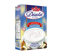 Diala Sahlap Vanilla Instant Orchid Pudding Mix in a box, traditional dessert mix with vanilla flavor, displayed on a kitchen counter.