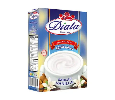 Diala Sahlap Vanilla Instant Orchid Pudding Mix in a box, traditional dessert mix with vanilla flavor, displayed on a kitchen counter.