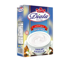 Diala Sahlap Vanilla Instant Orchid Pudding Mix in a box, traditional dessert mix with vanilla flavor, displayed on a kitchen counter.