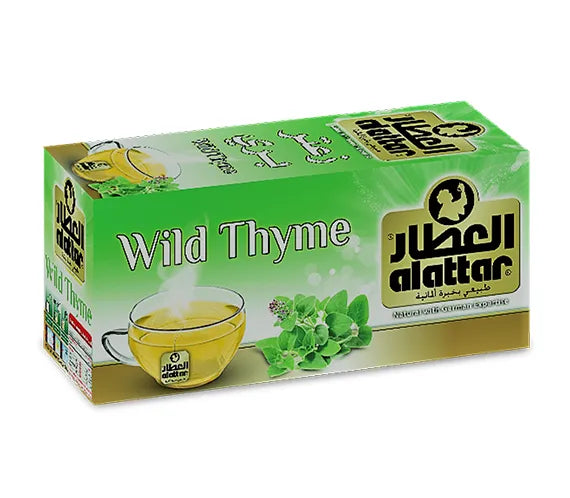 AlAttar Wild Thyme Tea pack with 20 herbal infusion bags, natural wellness herbal tea for soothing and healthy drinking.