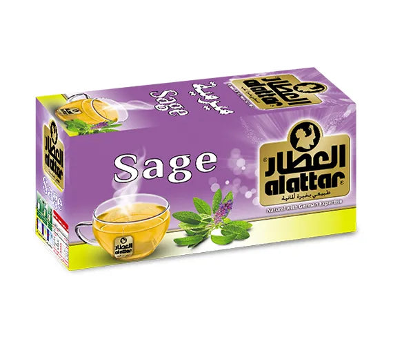 Al-Attar Sage Tea box with 20 herbal tea bags, natural herbal drink for relaxation and calming effects.