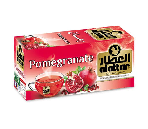 Alattar Pomegranate Kajarat Tea in 20 bags, natural hot or cold drink, featuring vibrant pomegranate flavor and colorful packaging.