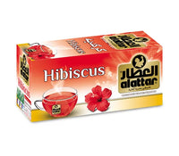 AlAttar Hibiscus Tea in 20 tea bags, 2x strength for hot or cold brew, with vibrant hibiscus flowers visible in the package.