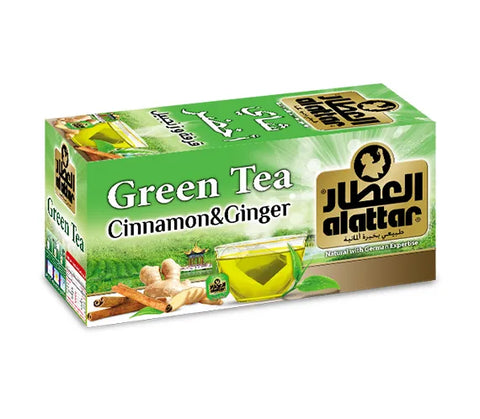 AlAttar Green Tea with Cinnamon and Ginger in a box of 20 herbal tea bags, showcasing the natural tea blend packaging.