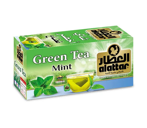 AlAttar Green Tea Mint with 20 herbal tea bags, featuring fresh mint and green tea leaves for natural wellness infusion.