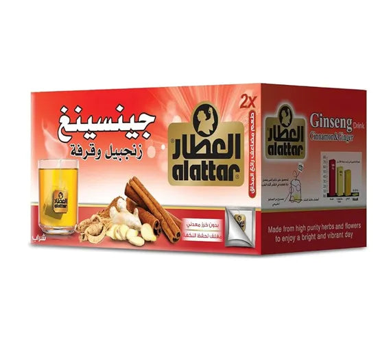 AlAttar Ginseng Drink herbal tea bags with cinnamon and ginger, 20-count package, featuring ginseng roots and spice ingredients.