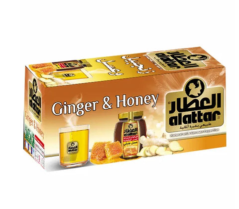 AlAttar Ginger & Honey Tea box with 20 tea bags, natural blend for daily wellness, featuring ginger and honey ingredients.
