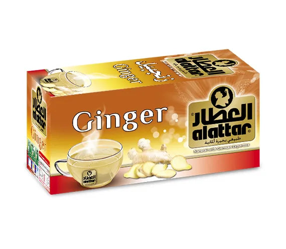 AlAttar Ginger Herbal Tea box with 20 bags, showcasing natural wellness drink with fresh ginger flavor and herbal ingredients.