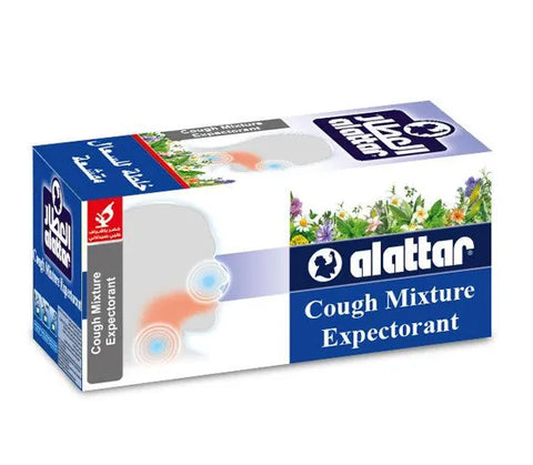 AlAttar Herbal Cough Mixture in a box of 20 bags, expectorant for throat relief, featuring herbal ingredients for cough relief.