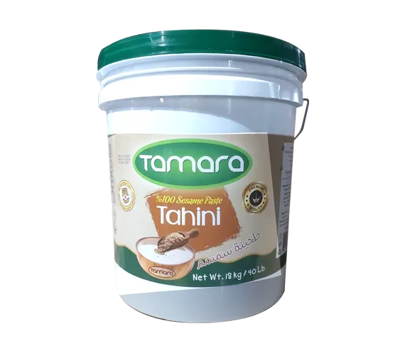 Tamara 100% pure tahini sesame paste in 18kg bulk container, ideal for food service and grocery use, showcasing the creamy texture.