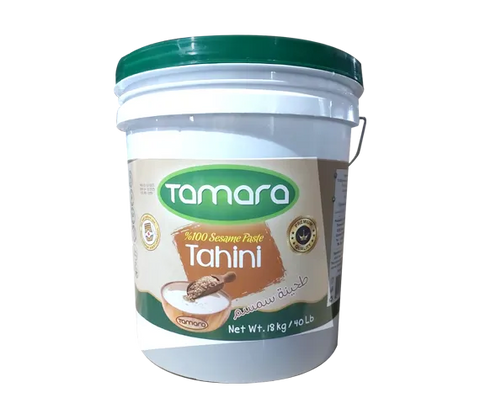 Tamara 100% pure tahini sesame paste in 18kg bulk container, ideal for food service and grocery use, showcasing the creamy texture.