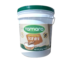 Tamara 100% pure tahini sesame paste in 18kg bulk container, ideal for food service and grocery use, showcasing the creamy texture.