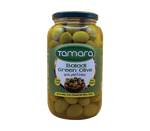 Tamara Baladi green olives in a 45oz jar, natural Mediterranean snack, showcasing fresh green olives in clear jar