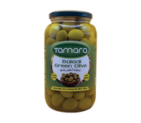 Tamara Baladi green olives in a 45oz jar, natural Mediterranean snack, showcasing fresh green olives in clear jar