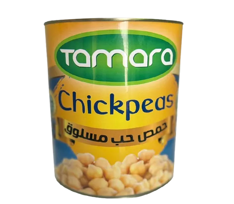 Canned Tamara boiled chickpeas in a 6.6lb can, ready for hummus or cooking, showcasing the legumes with label visible.
