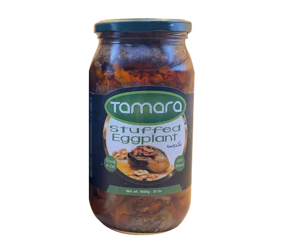 Tamara Stuffed Eggplant Makdous in 1000g jar, ready-to-eat Middle Eastern mezza, featuring eggplant with walnut and red pepper filling.