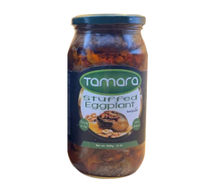 Tamara Stuffed Eggplant Makdous in 1000g jar, ready-to-eat Middle Eastern mezza, featuring eggplant with walnut and red pepper filling.