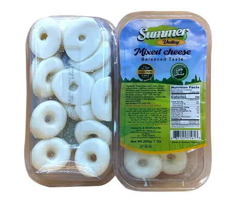 Mixed cheese slices from Summer Valley in a 7oz halal ring package, ideal for healthy snacks and cheese lovers.