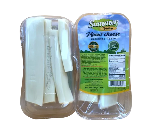 Summer Valley Mixed Cheese Sticks 7oz gourmet snack, halal certified, showing a variety of cheese sticks on a plate.
